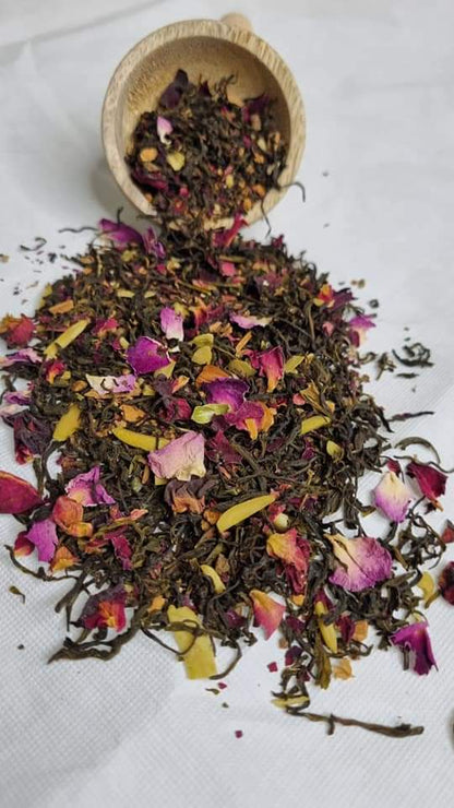 Royal Kashmiri Kahwa with almonds, cardamom, cinnamon, cloves, and rose petals